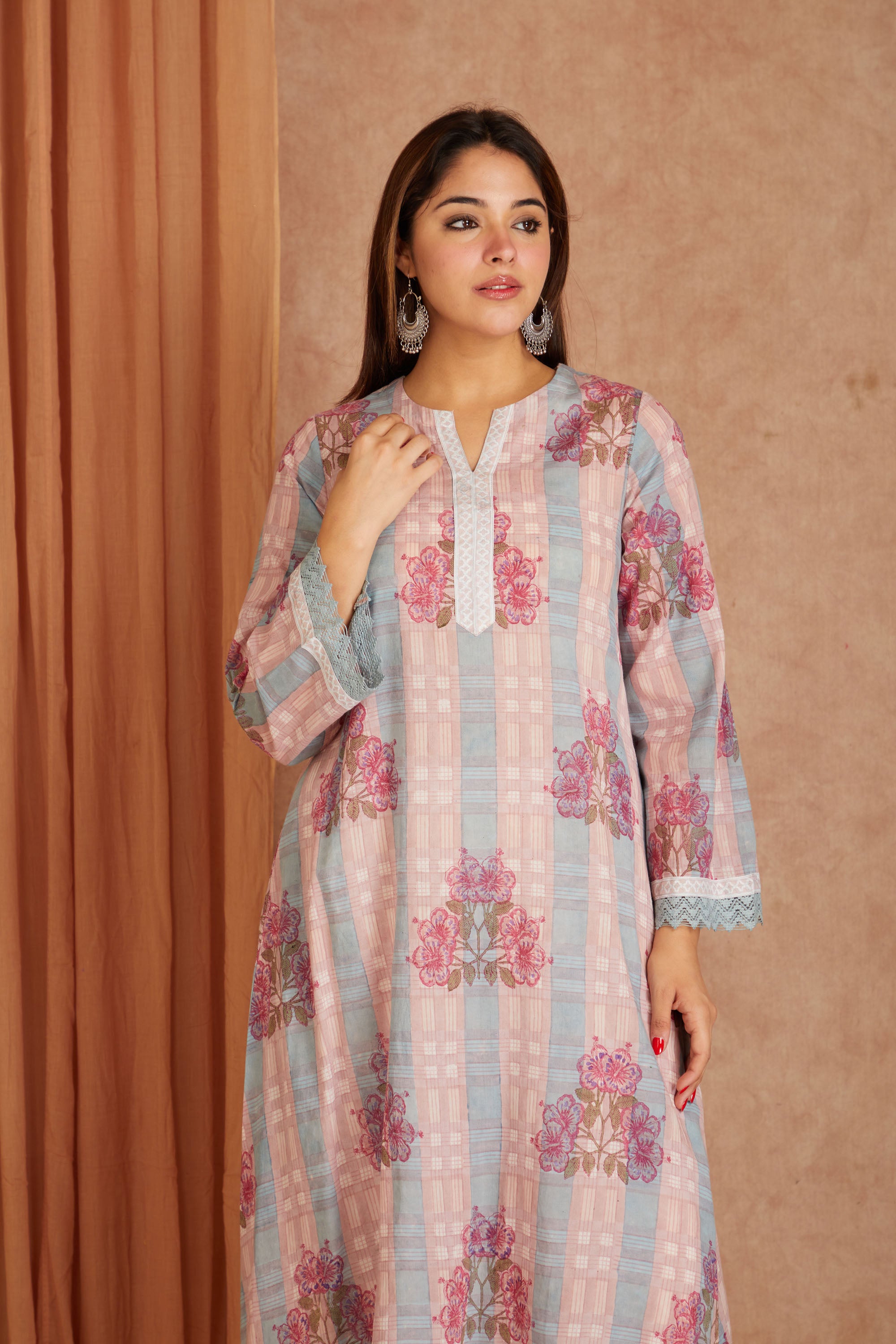 Pink Petal Cotton Hand Block Check Kurta Palazzo Set with Kota Doriya Dupatta