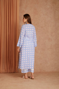 Powder Blue Cotton Dobby Cotton Hand Block kurta & palazzo With Kota Doriya Dupatta