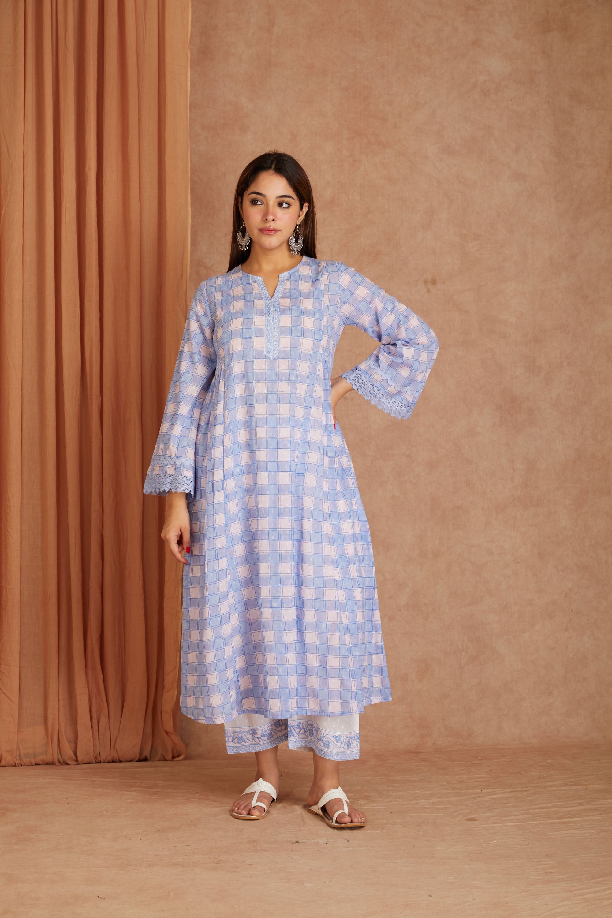 Powder Blue Cotton Dobby Cotton Hand Block kurta & palazzo With Kota Doriya Dupatta