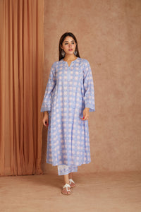 Powder Blue Cotton Dobby Cotton Hand Block kurta & palazzo With Kota Doriya Dupatta