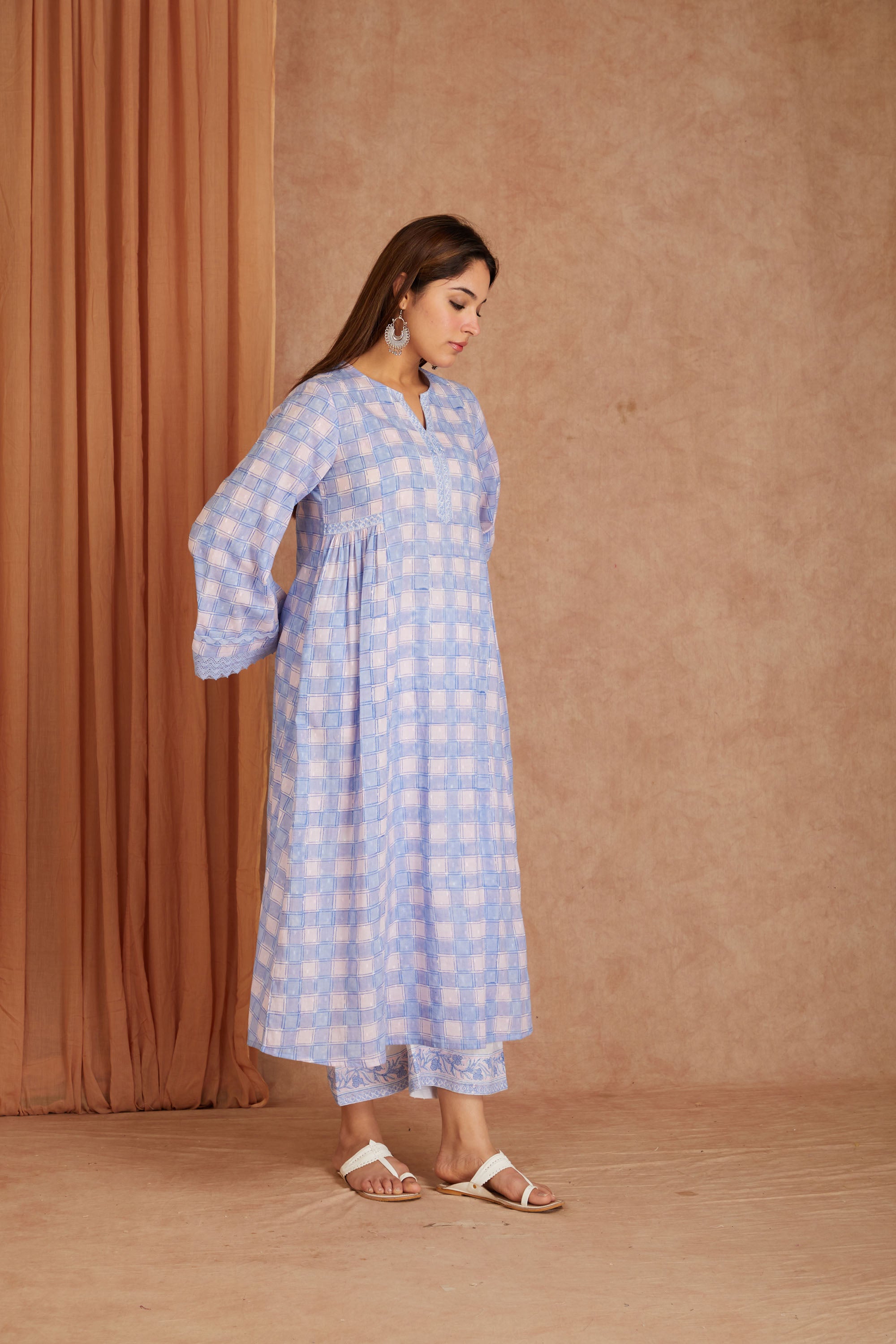 Powder Blue Cotton Dobby Cotton Hand Block kurta & palazzo With Kota Doriya Dupatta