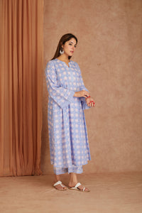 Powder Blue Cotton Dobby Cotton Hand Block kurta & palazzo With Kota Doriya Dupatta