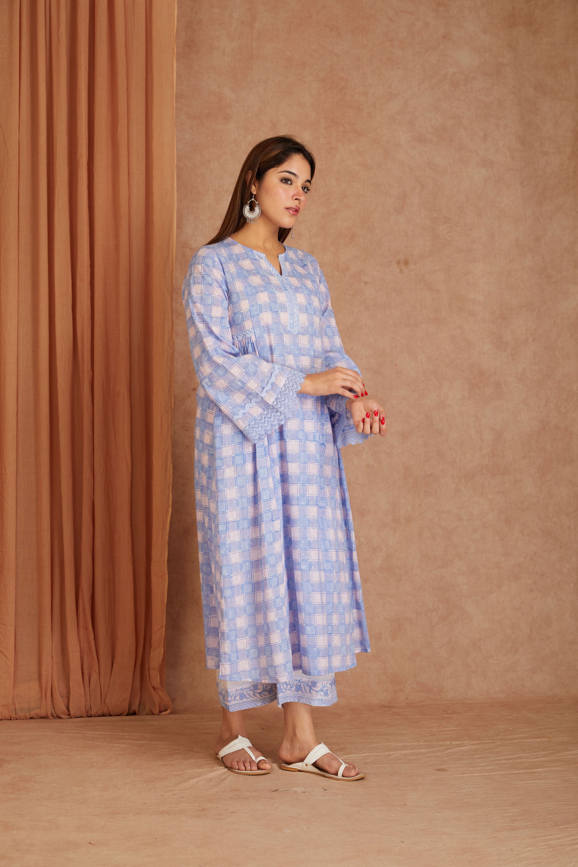 Powder Blue Cotton Dobby Cotton Hand Block kurta & palazzo With Kota Doriya Dupatta