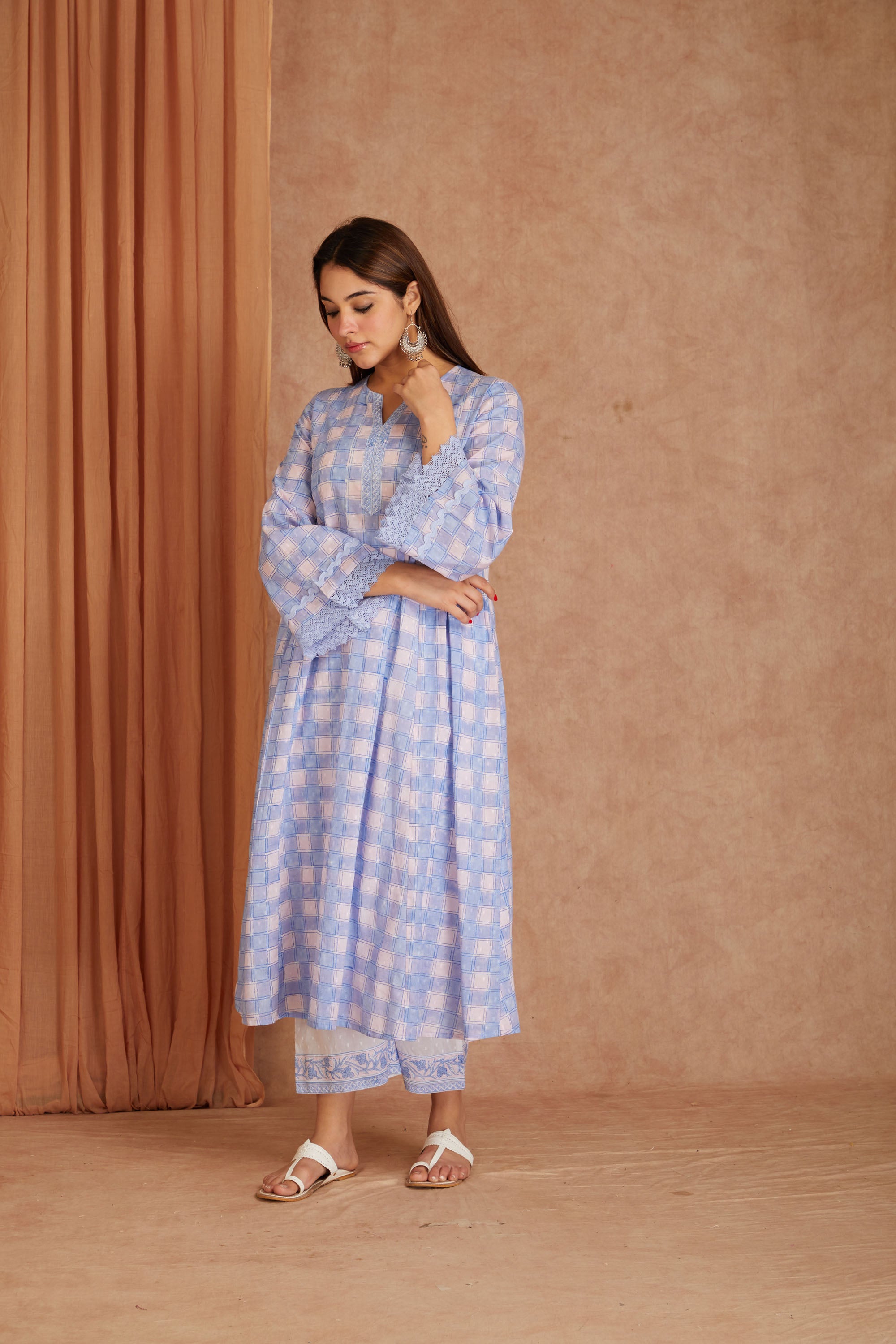Powder Blue Cotton Dobby Cotton Hand Block kurta & palazzo With Kota Doriya Dupatta