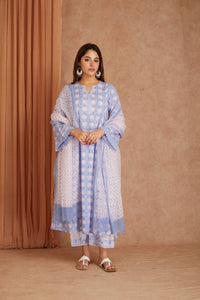 Powder Blue Cotton Dobby Cotton Hand Block kurta & palazzo With Kota Doriya Dupatta