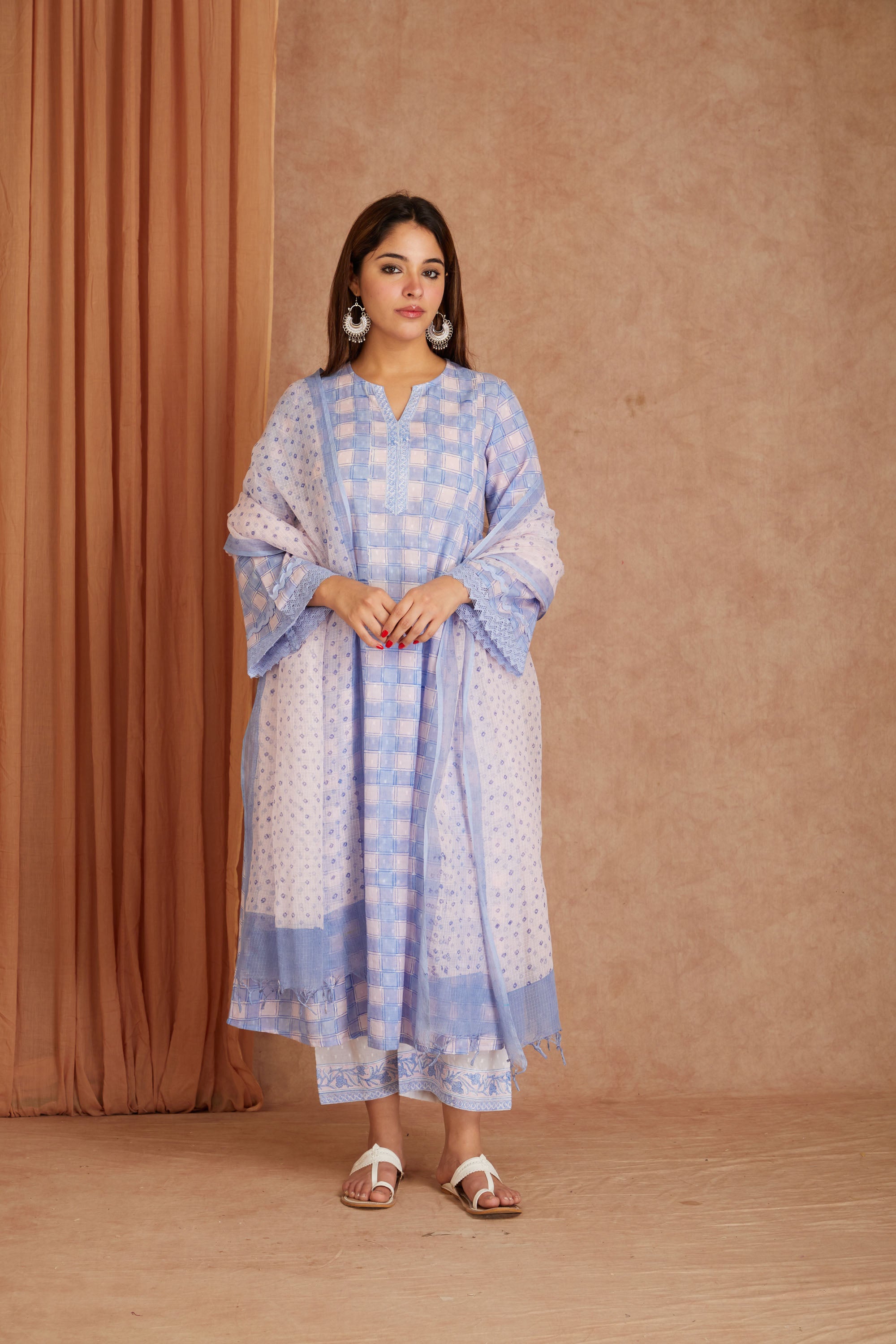 Powder Blue Cotton Dobby Cotton Hand Block kurta & palazzo With Kota Doriya Dupatta