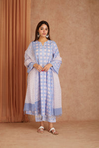 Powder Blue Cotton Dobby Cotton Hand Block kurta & palazzo With Kota Doriya Dupatta