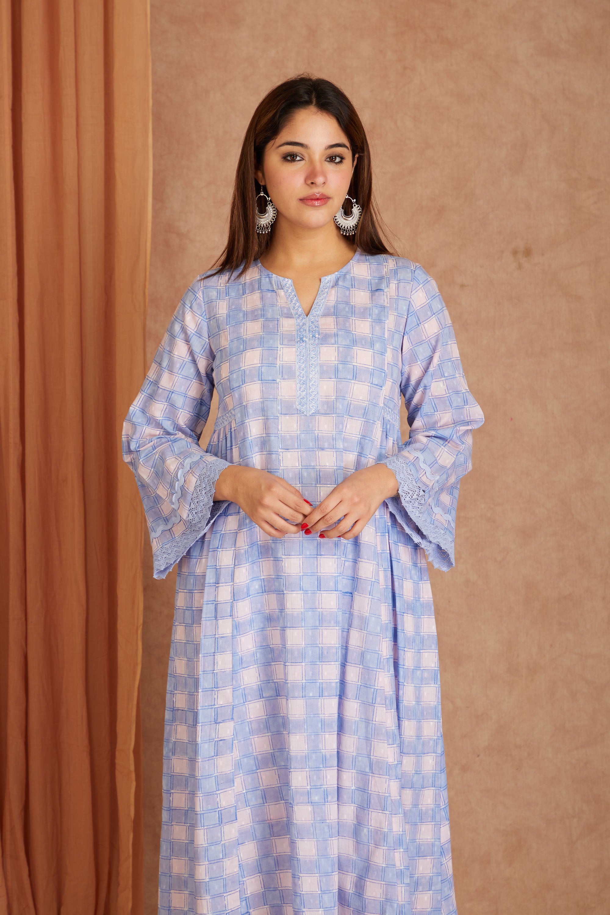 Powder Blue Cotton Dobby Cotton Hand Block kurta & palazzo With Kota Doriya Dupatta