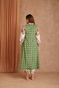 Olive Rose Garden Cotton Munga Hand Block Printed Kurta Set with Kota Doriya Dupatta