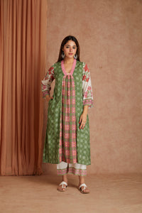 Olive Rose Garden Cotton Munga Hand Block Printed Kurta Set with Kota Doriya Dupatta