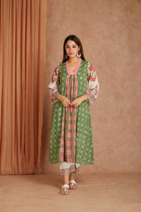 Olive Rose Garden Cotton Munga Hand Block Printed Kurta Set with Kota Doriya Dupatta
