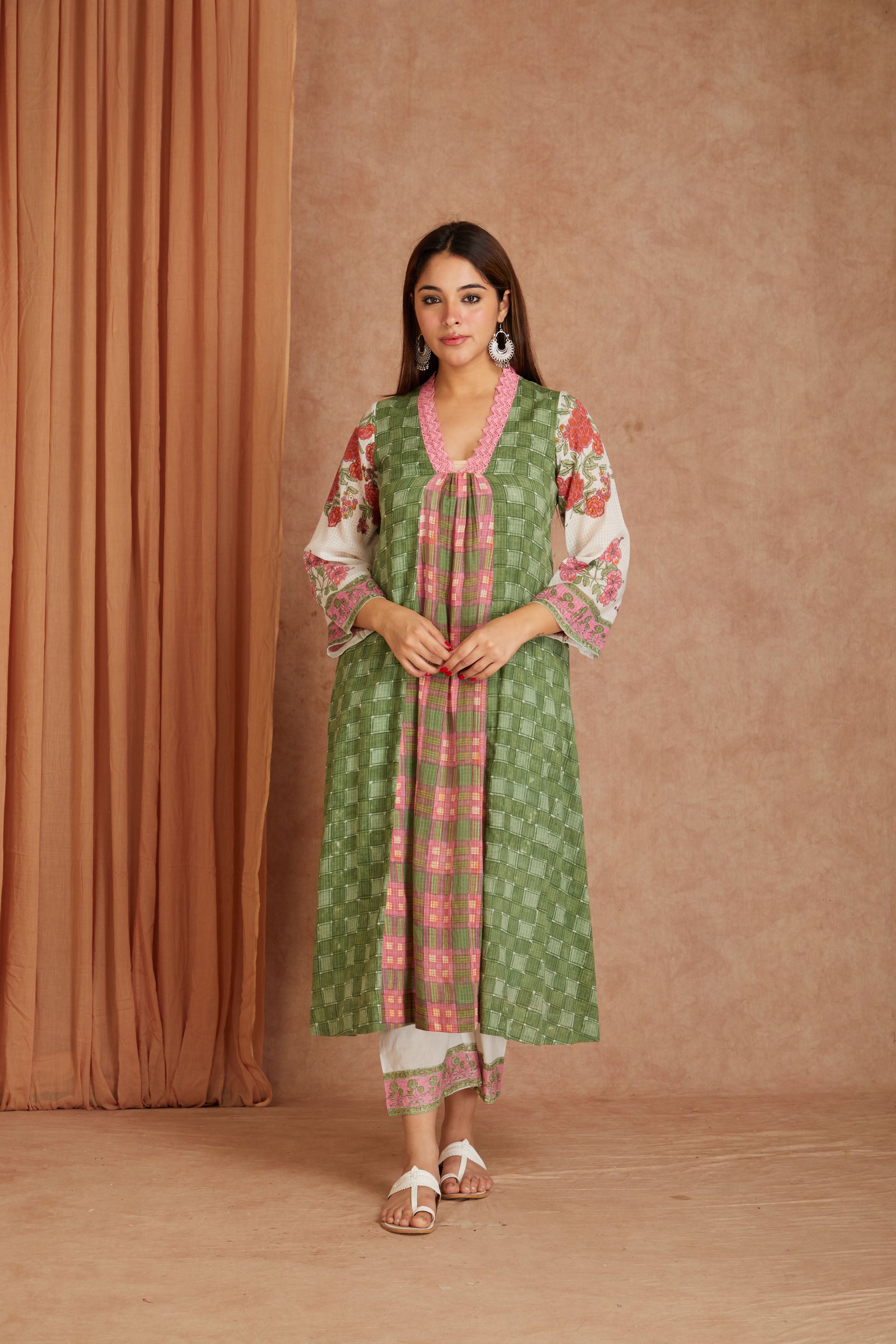 Olive Rose Garden Cotton Munga Hand Block Printed Kurta Set with Kota Doriya Dupatta