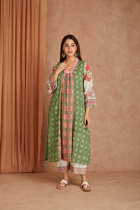 Olive Rose Garden Cotton Munga Hand Block Printed Kurta Set with Kota Doriya Dupatta