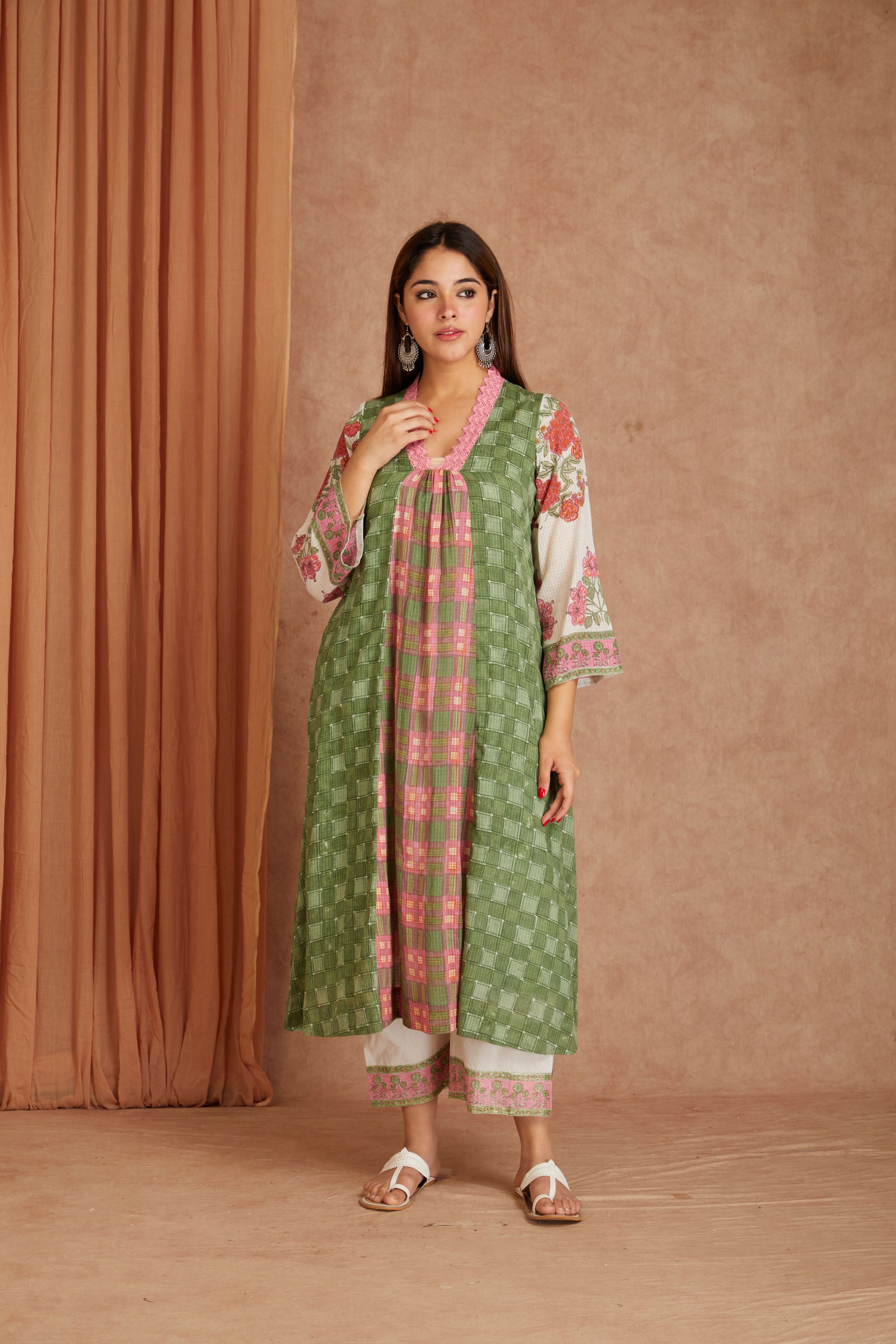 Olive Rose Garden Cotton Munga Hand Block Printed Kurta Set with Kota Doriya Dupatta