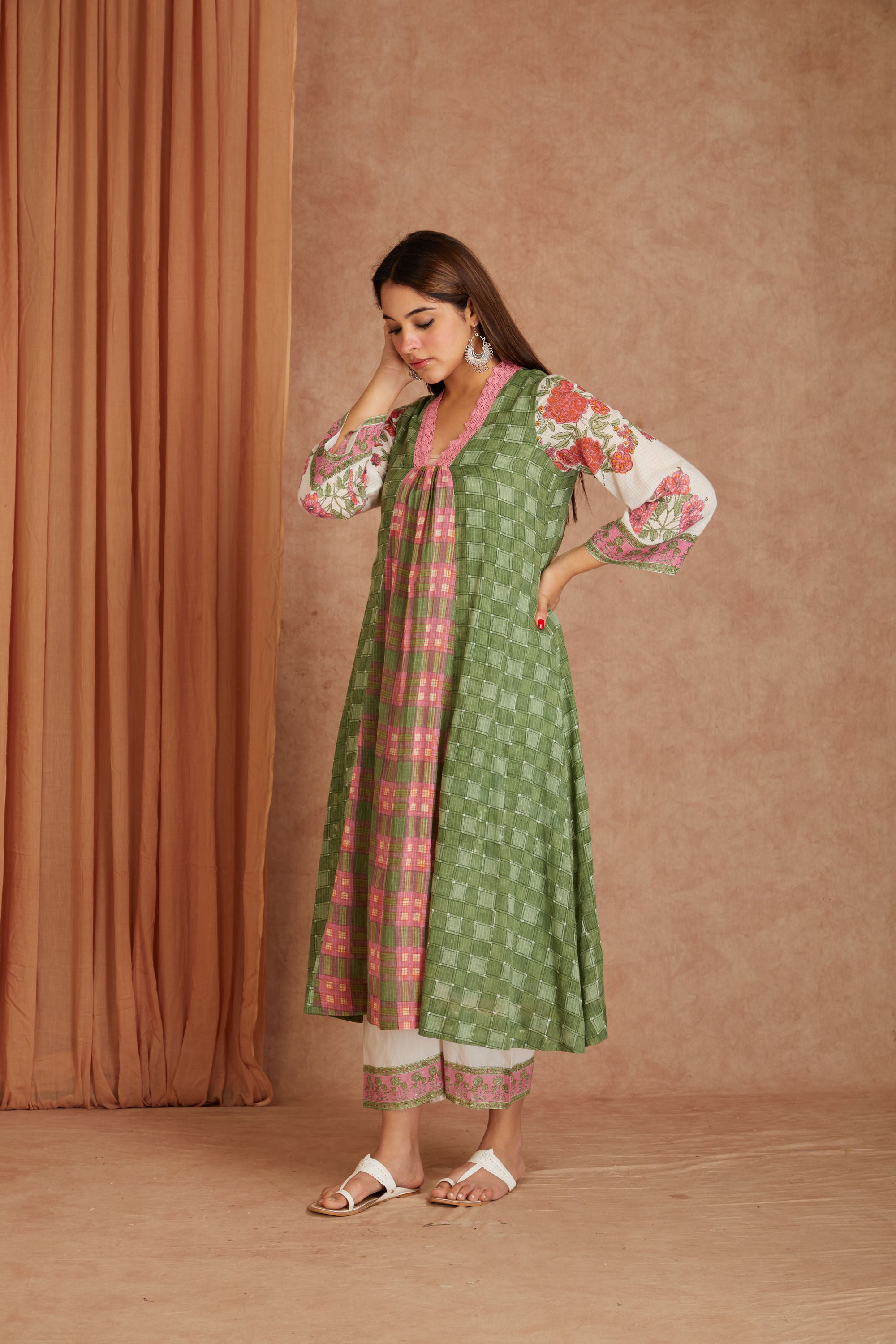 Olive Rose Garden Cotton Munga Hand Block Printed Kurta Set with Kota Doriya Dupatta