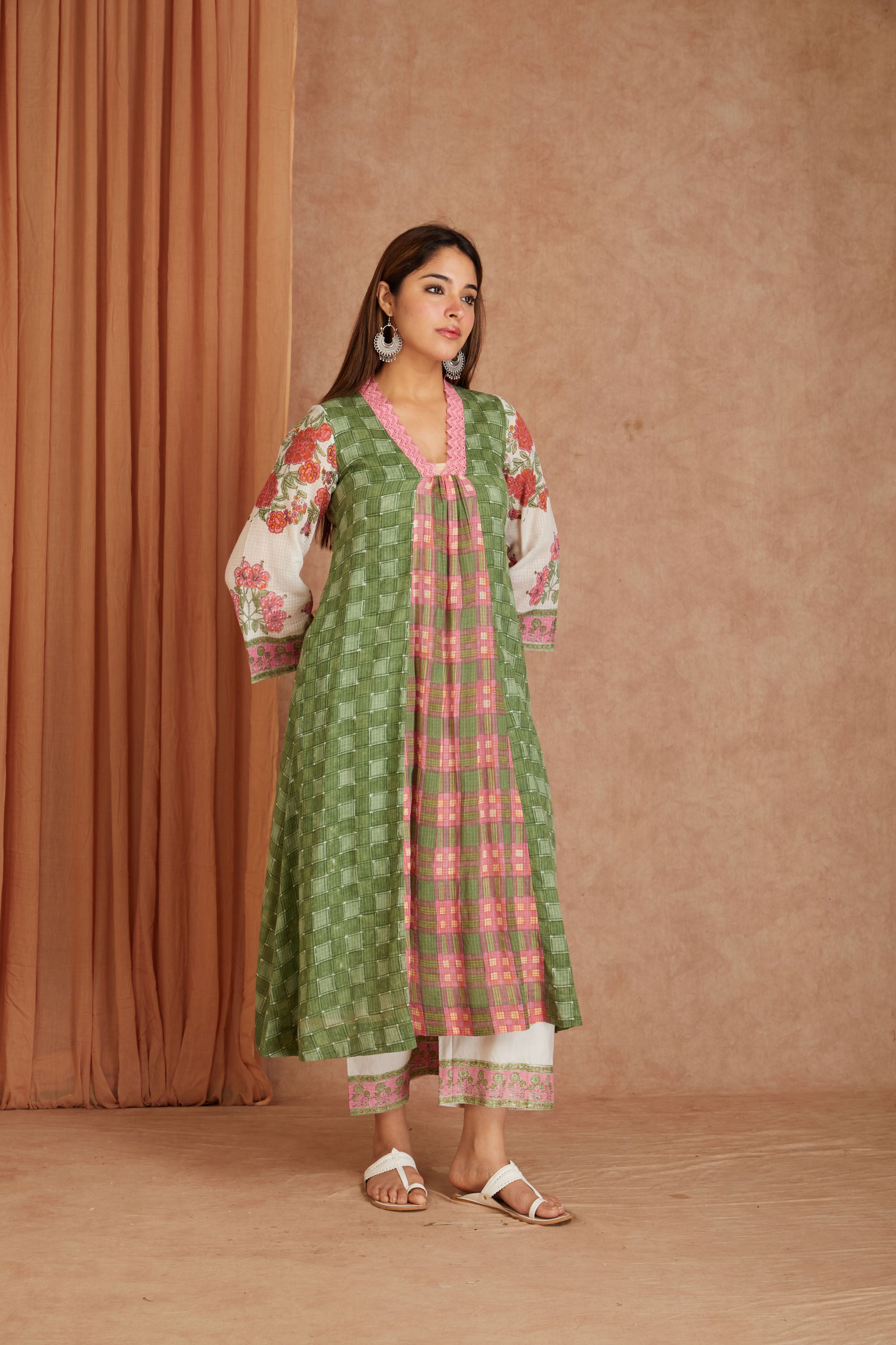 Olive Rose Garden Cotton Munga Hand Block Printed Kurta Set with Kota Doriya Dupatta