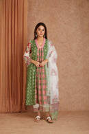 Olive Rose Garden Cotton Munga Hand Block Printed Kurta Set with Kota Doriya Dupatta