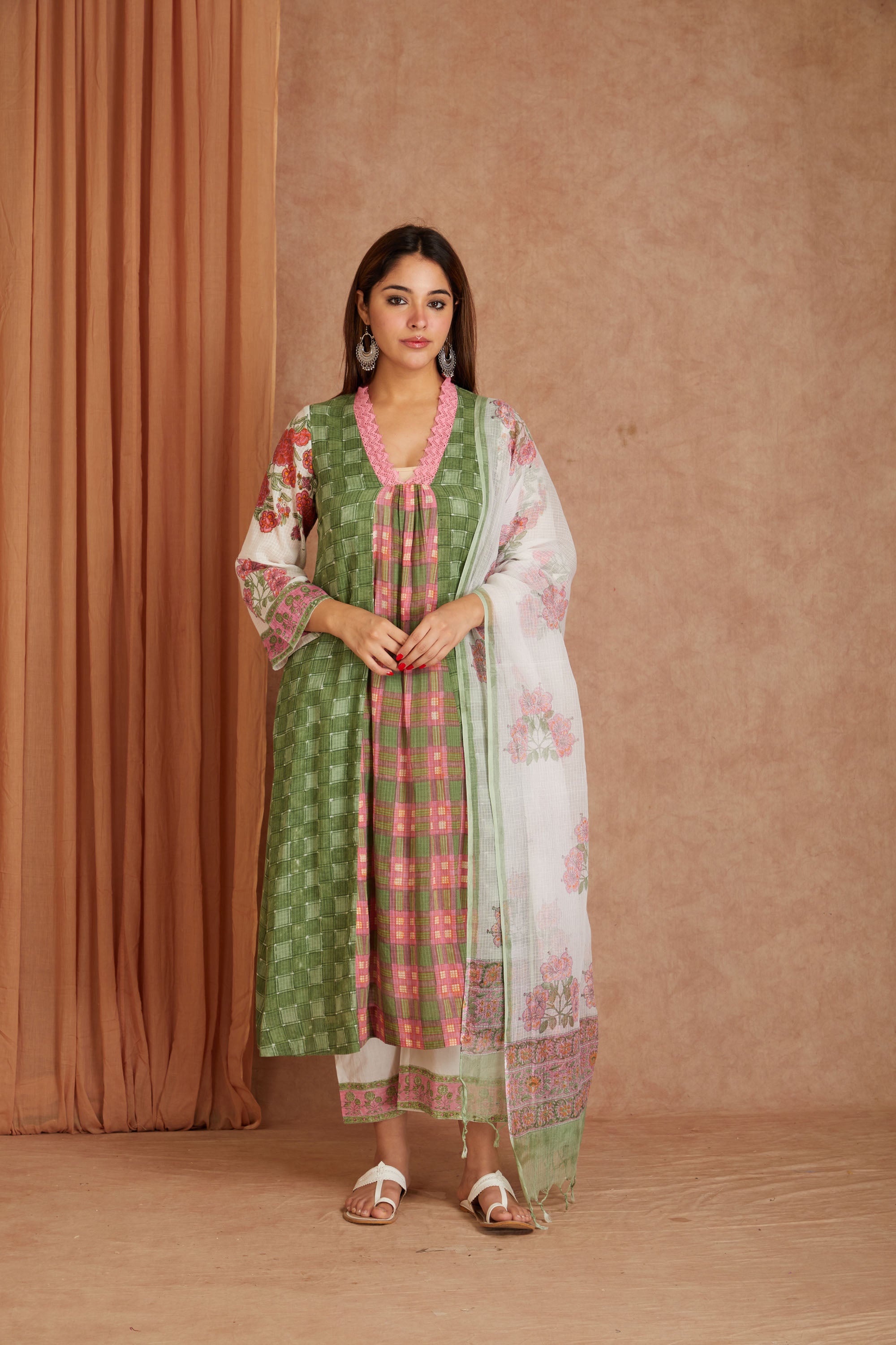 Olive Rose Garden Cotton Munga Hand Block Printed Kurta Set with Kota Doriya Dupatta