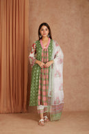 Olive Rose Garden Cotton Munga Hand Block Printed Kurta Set with Kota Doriya Dupatta
