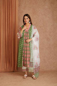 Olive Rose Garden Cotton Munga Hand Block Printed Kurta Set with Kota Doriya Dupatta