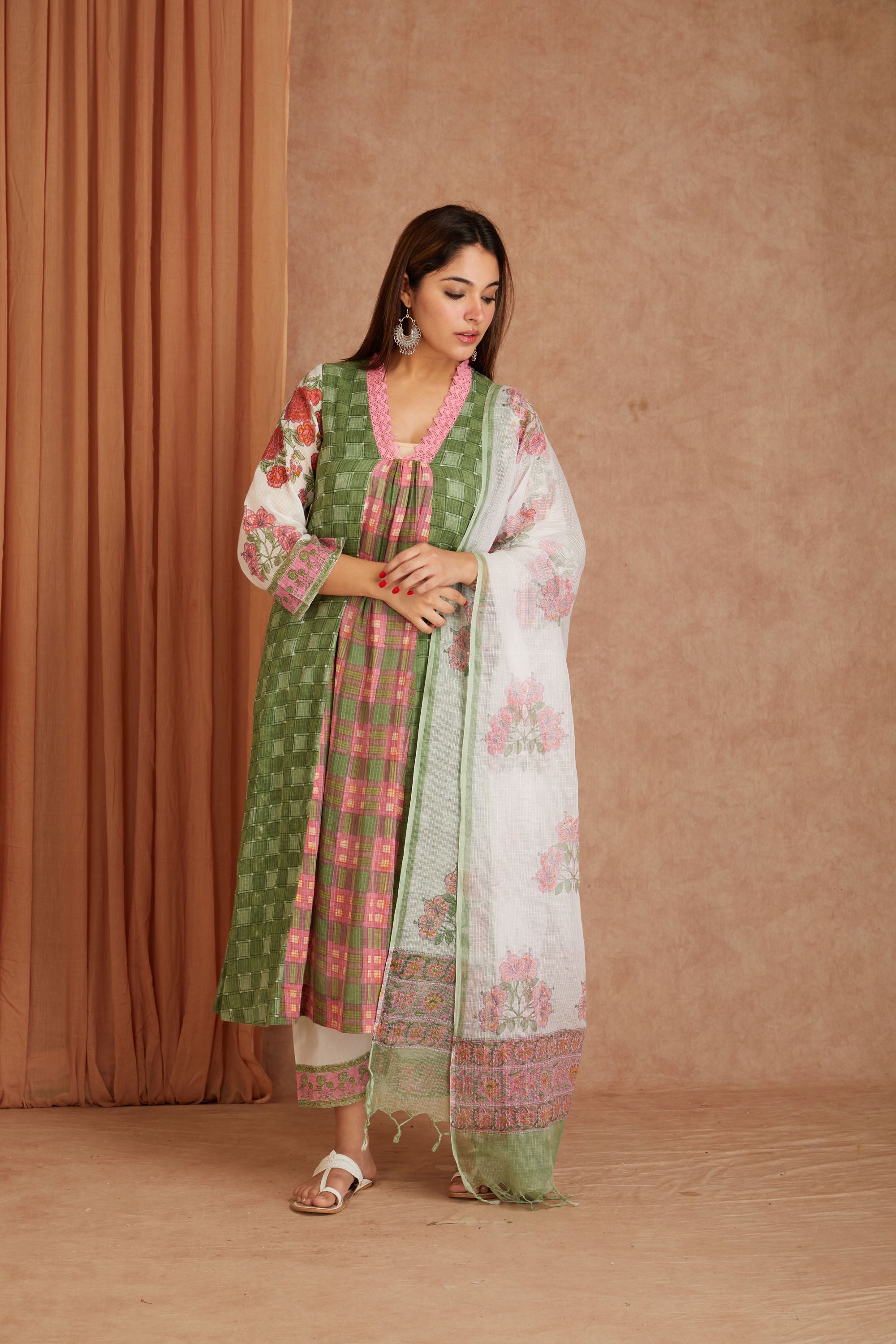 Olive Rose Garden Cotton Munga Hand Block Printed Kurta Set with Kota Doriya Dupatta