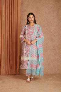 Aqua Pink Blossom Cotton Dobby Hand Block Printed Kurta Pant  Set with Kota Doriya Dupatta