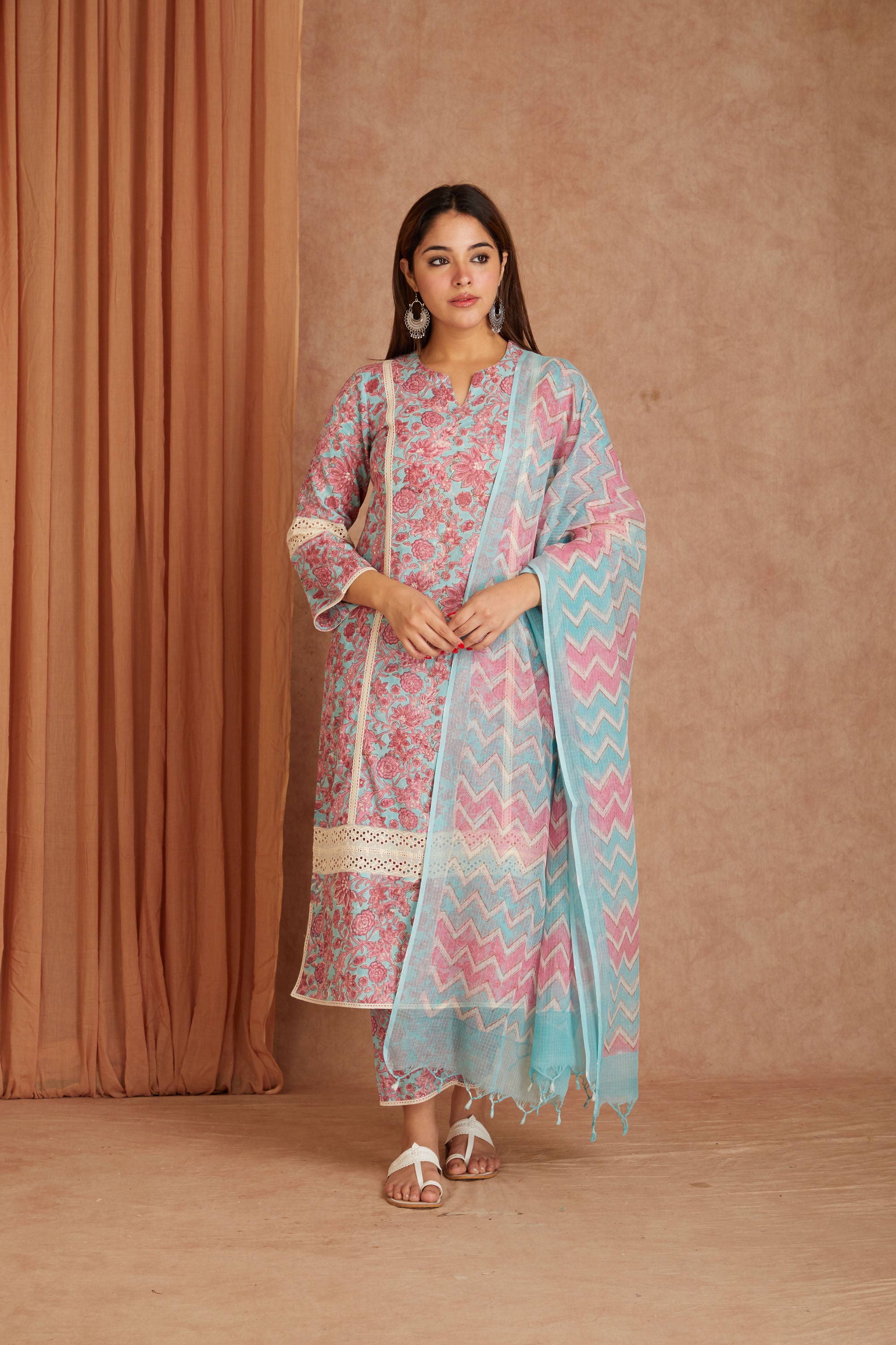 Aqua Pink Blossom Cotton Dobby Hand Block Printed Kurta Pant  Set with Kota Doriya Dupatta