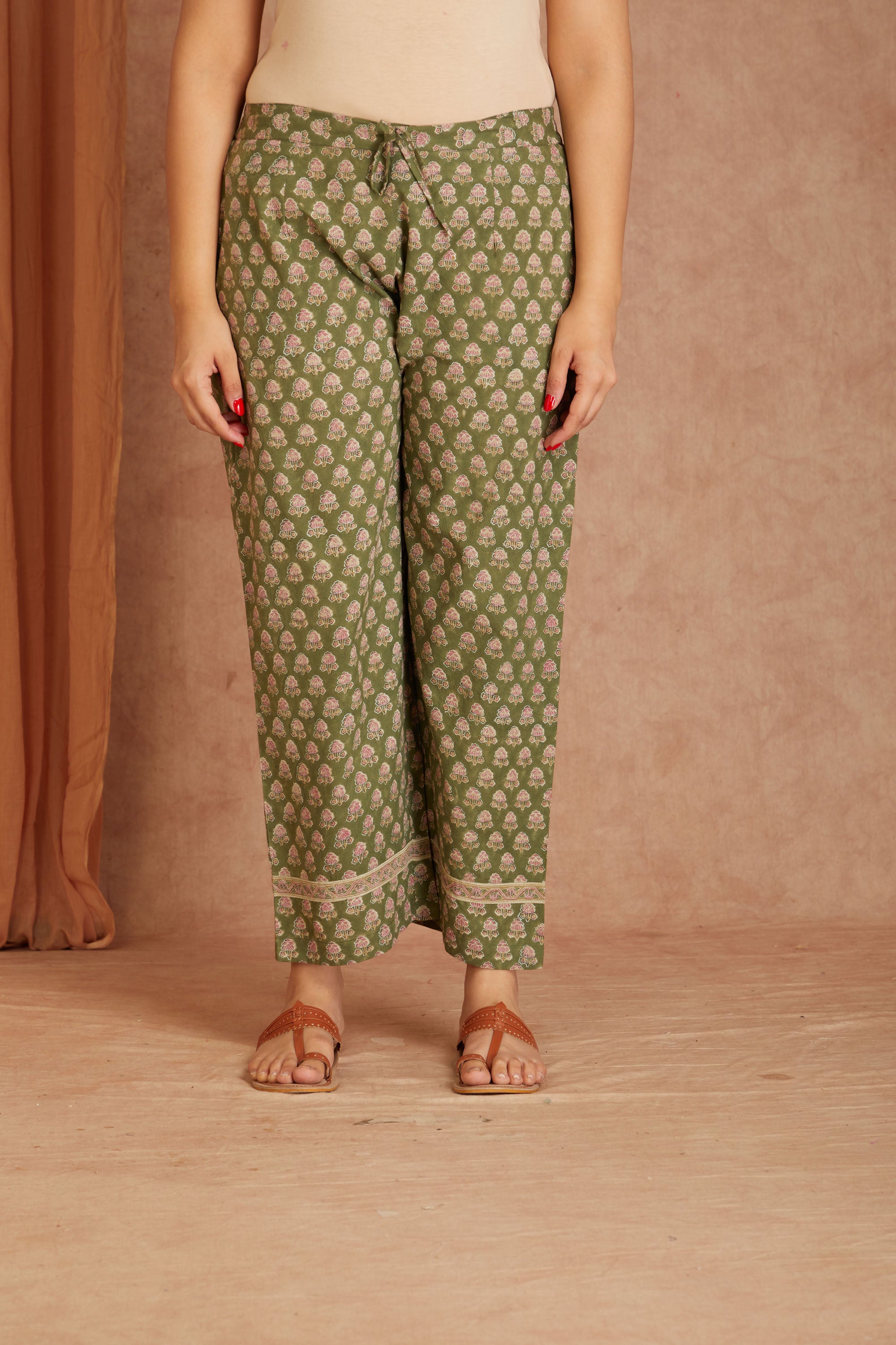 Sage Pink Hand Block Printed Cotton Kurta Palazzo Set with Kota Doriya Dupatta