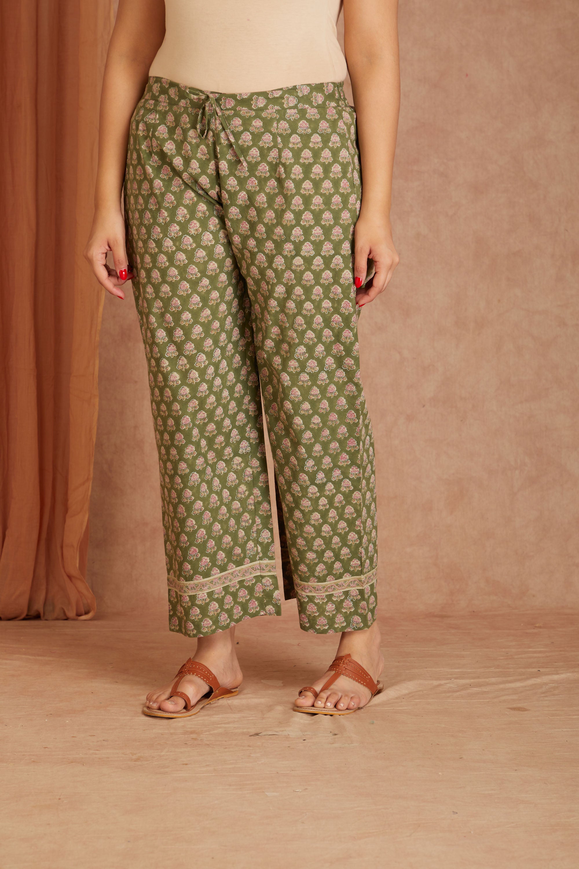 Sage Pink Hand Block Printed Cotton Kurta Palazzo Set with Kota Doriya Dupatta