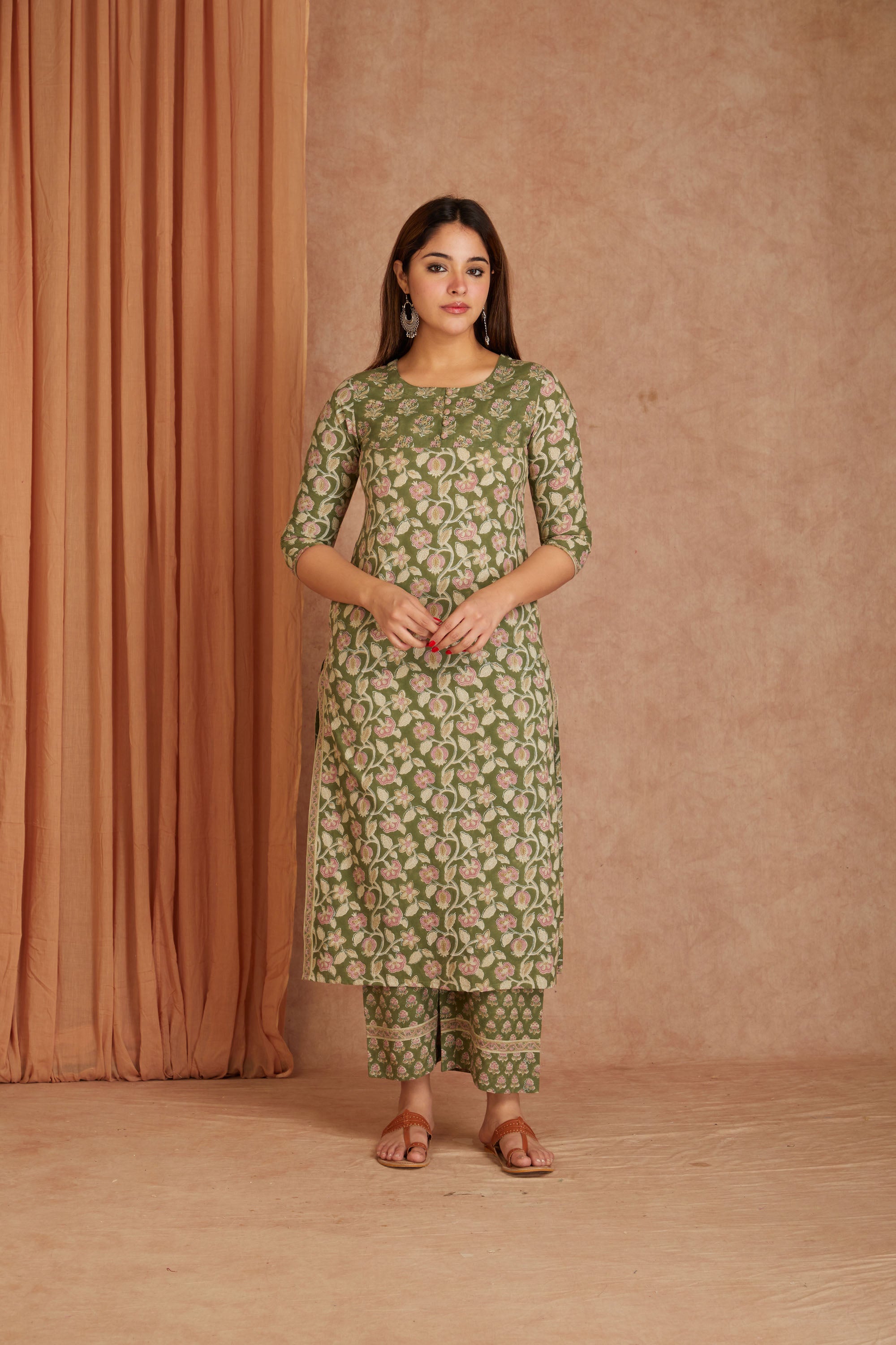 Sage Pink Hand Block Printed Cotton Kurta Palazzo Set with Kota Doriya Dupatta