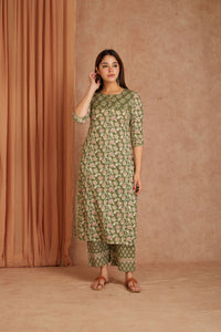 Sage Pink Hand Block Printed Cotton Kurta Palazzo Set with Kota Doriya Dupatta