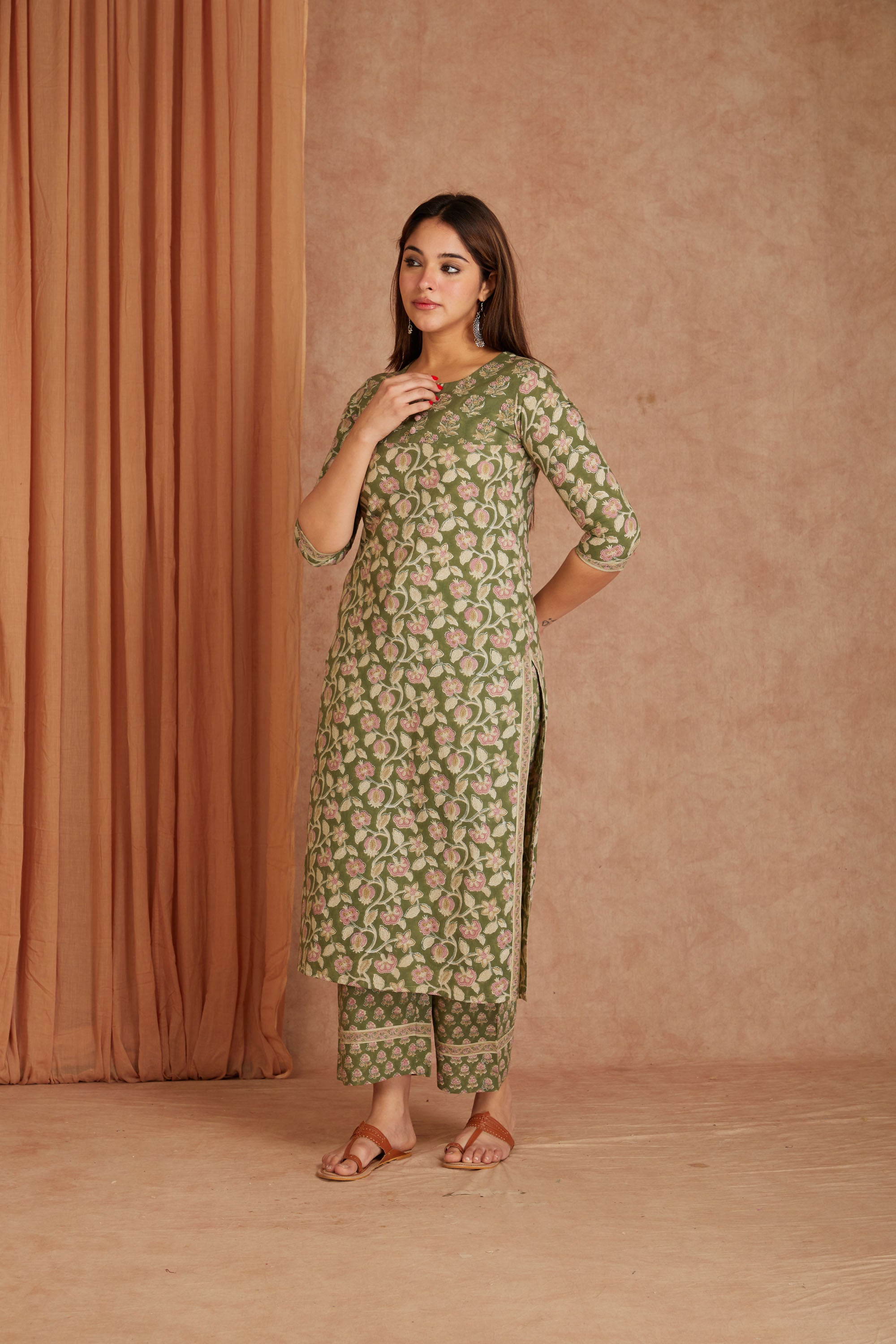 Sage Pink Hand Block Printed Cotton Kurta Palazzo Set with Kota Doriya Dupatta