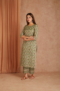 Sage Pink Hand Block Printed Cotton Kurta Palazzo Set with Kota Doriya Dupatta