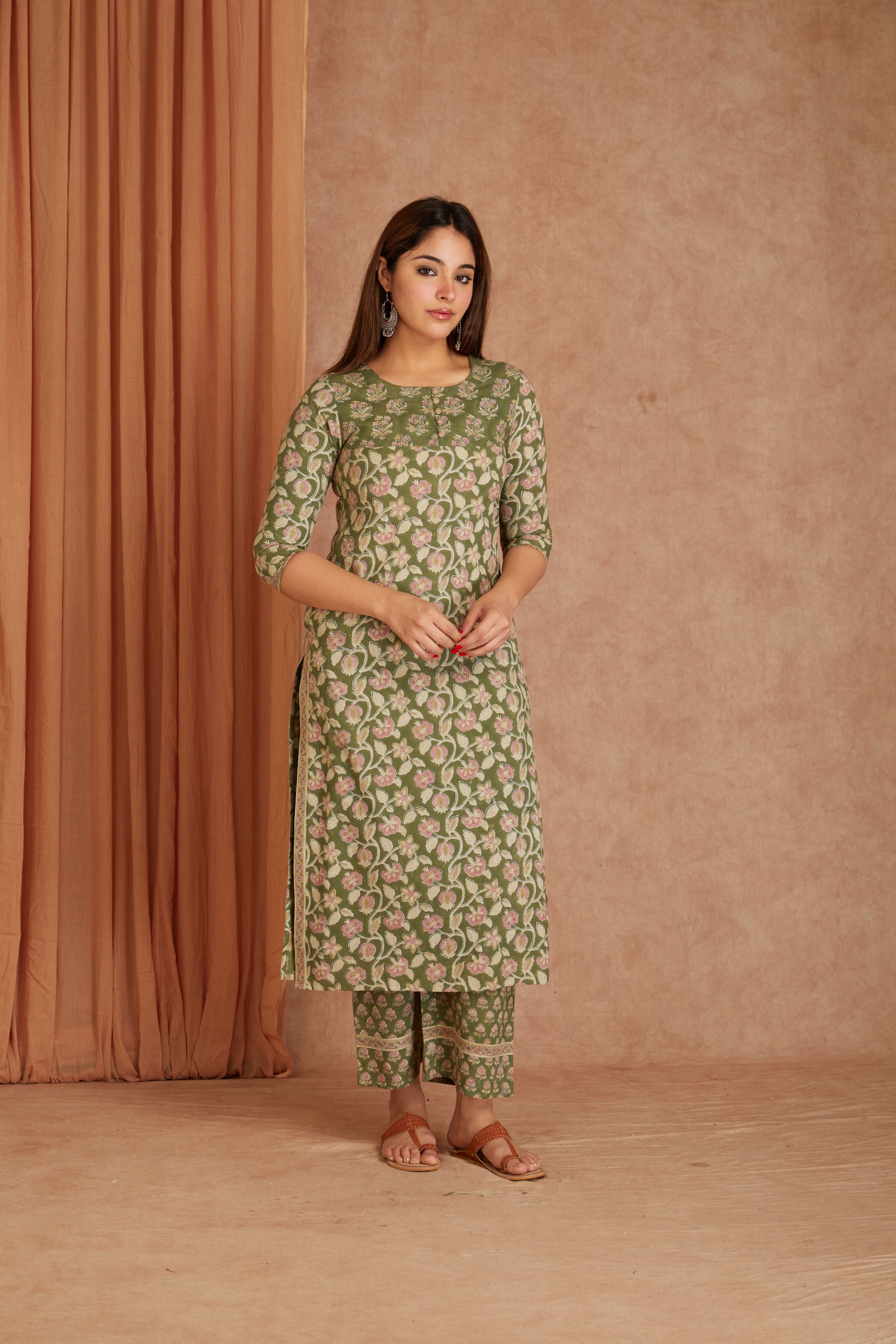 Sage Pink Hand Block Printed Cotton Kurta Palazzo Set with Kota Doriya Dupatta
