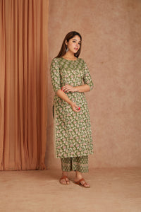 Sage Pink Hand Block Printed Cotton Kurta Palazzo Set with Kota Doriya Dupatta