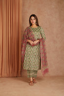 Sage Pink Hand Block Printed Cotton Kurta Palazzo Set with Kota Doriya Dupatta