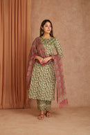Sage Pink Hand Block Printed Cotton Kurta Palazzo Set with Kota Doriya Dupatta
