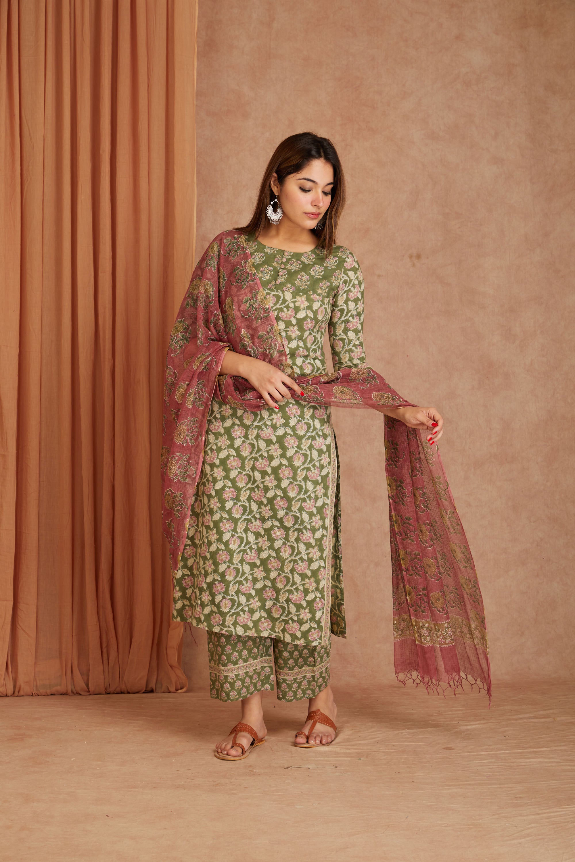 Sage Pink Hand Block Printed Cotton Kurta Palazzo Set with Kota Doriya Dupatta
