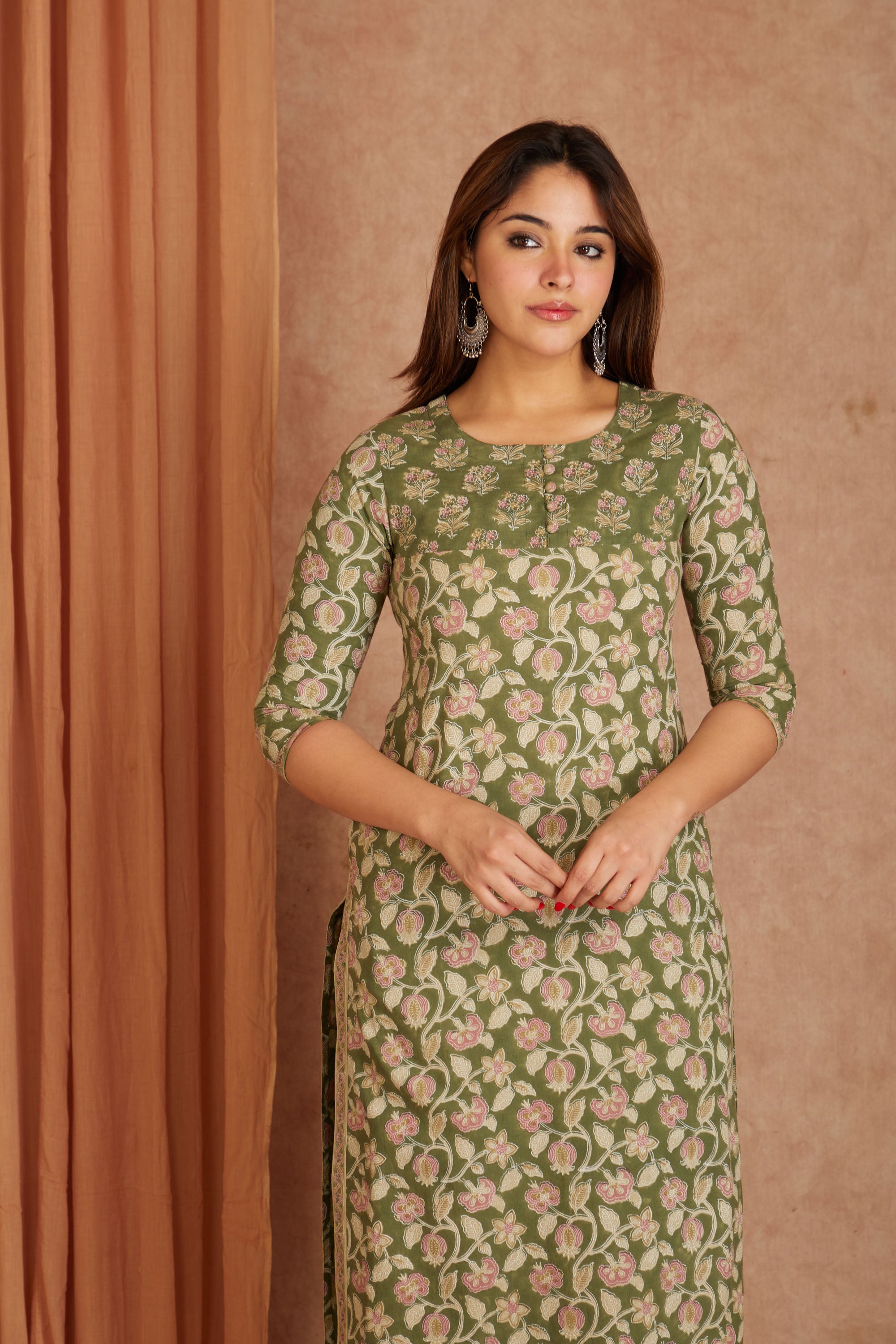 Sage Pink Hand Block Printed Cotton Kurta Palazzo Set with Kota Doriya Dupatta