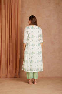 Blue Blossom White Hand Block Printed Cotton Dobby Kurta Palazzo Set with Kota Doriya Dupatta