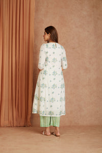 Blue Blossom White Hand Block Printed Cotton Dobby Kurta Palazzo Set with Kota Doriya Dupatta