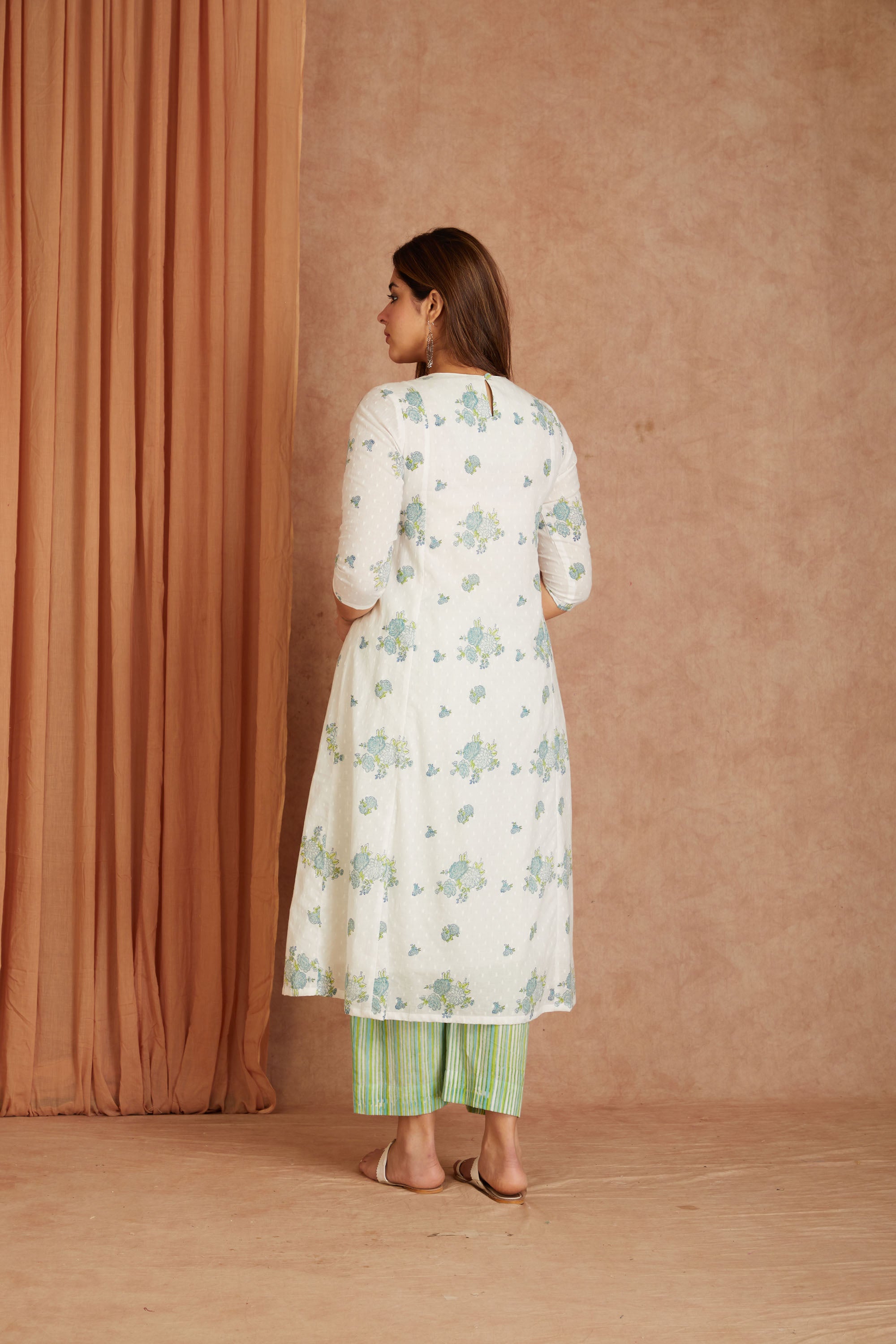 Blue Blossom White Hand Block Printed Cotton Dobby Kurta Palazzo Set with Kota Doriya Dupatta