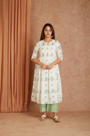 Blue Blossom White Hand Block Printed Cotton Dobby Kurta Palazzo Set with Kota Doriya Dupatta