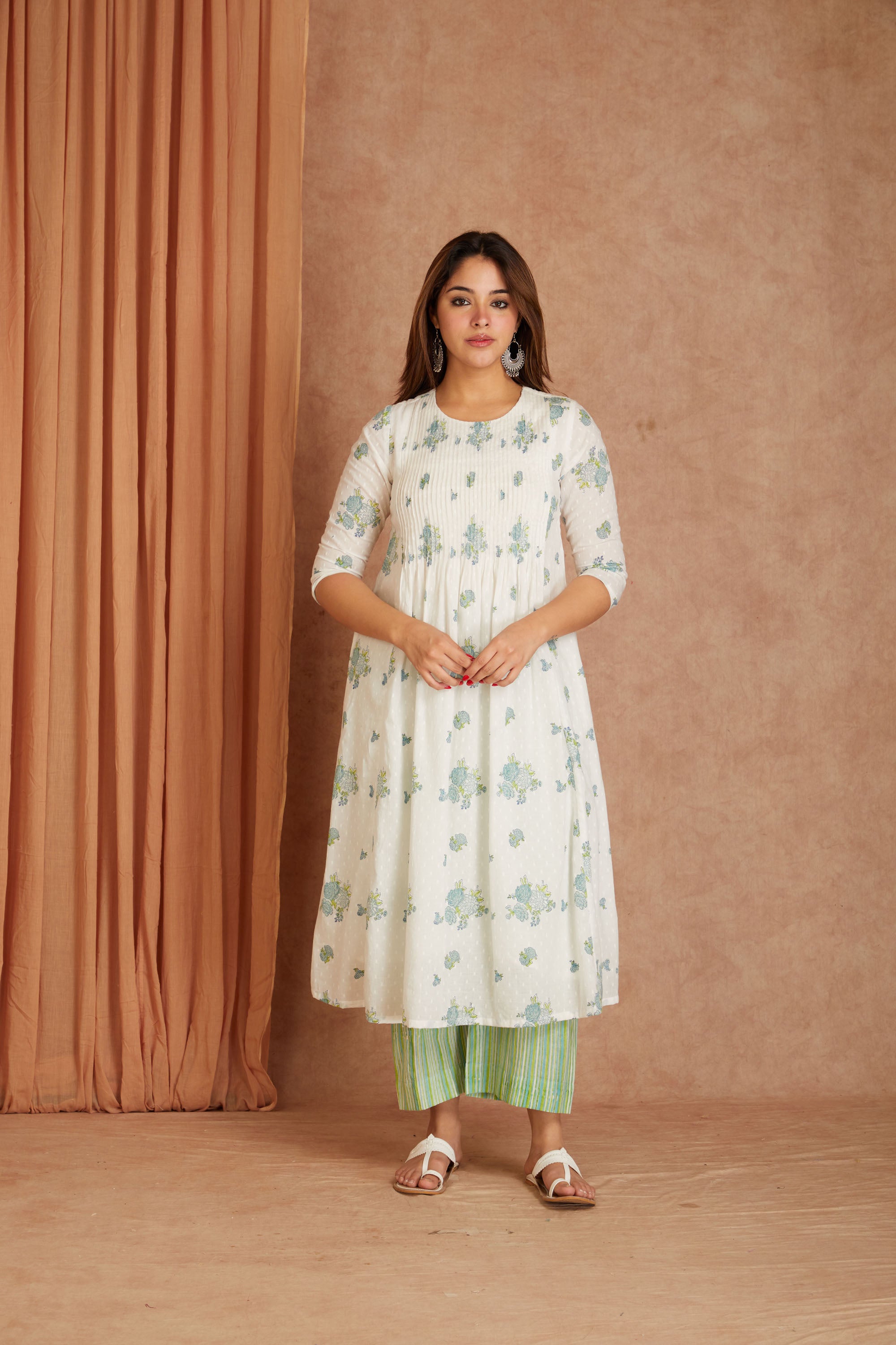 Blue Blossom White Hand Block Printed Cotton Dobby Kurta Palazzo Set with Kota Doriya Dupatta