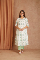 Blue Blossom White Hand Block Printed Cotton Dobby Kurta Palazzo Set with Kota Doriya Dupatta