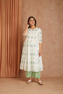 Blue Blossom White Hand Block Printed Cotton Dobby Kurta Palazzo Set with Kota Doriya Dupatta