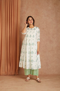 Blue Blossom White Hand Block Printed Cotton Dobby Kurta Palazzo Set with Kota Doriya Dupatta