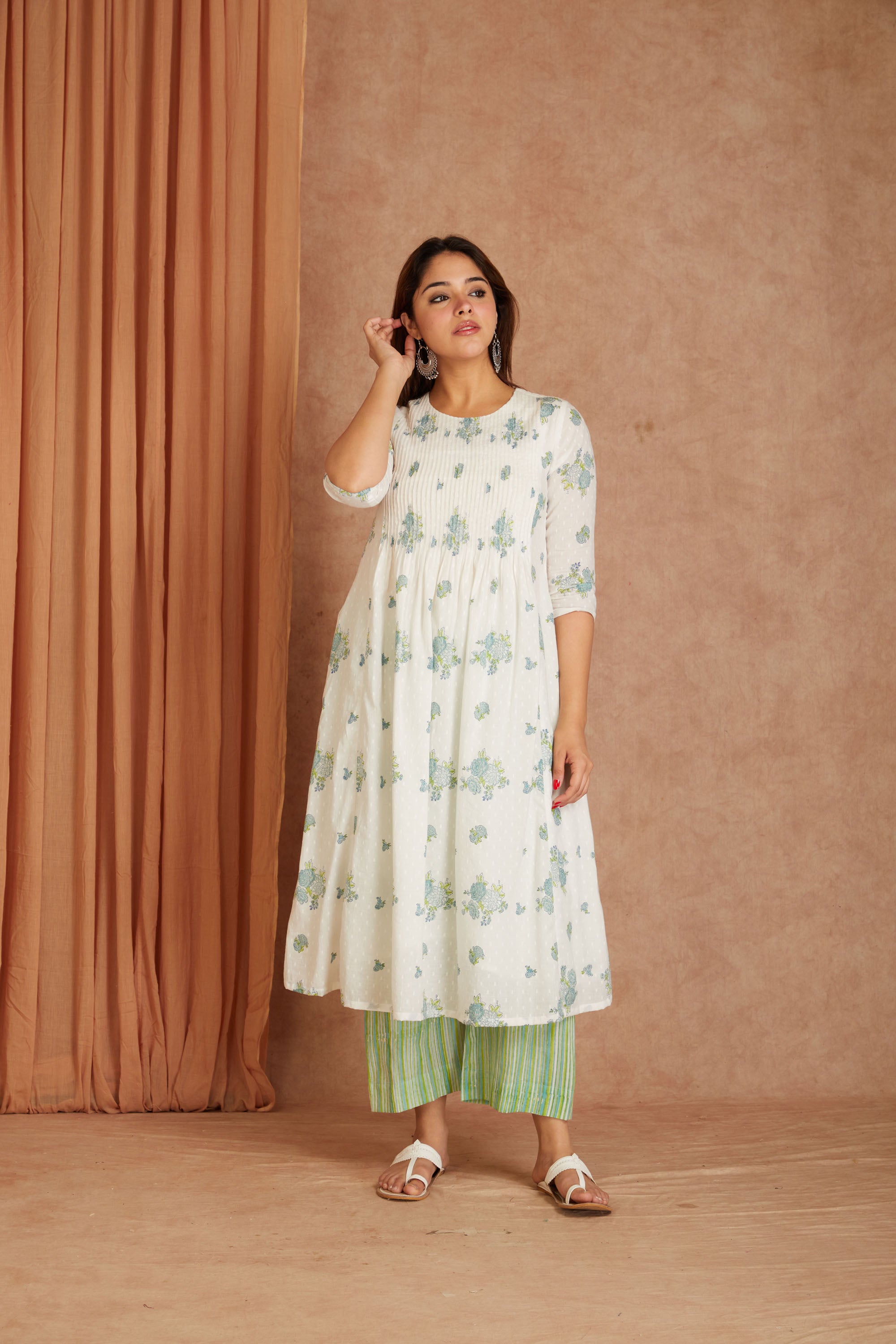 Blue Blossom White Hand Block Printed Cotton Dobby Kurta Palazzo Set with Kota Doriya Dupatta