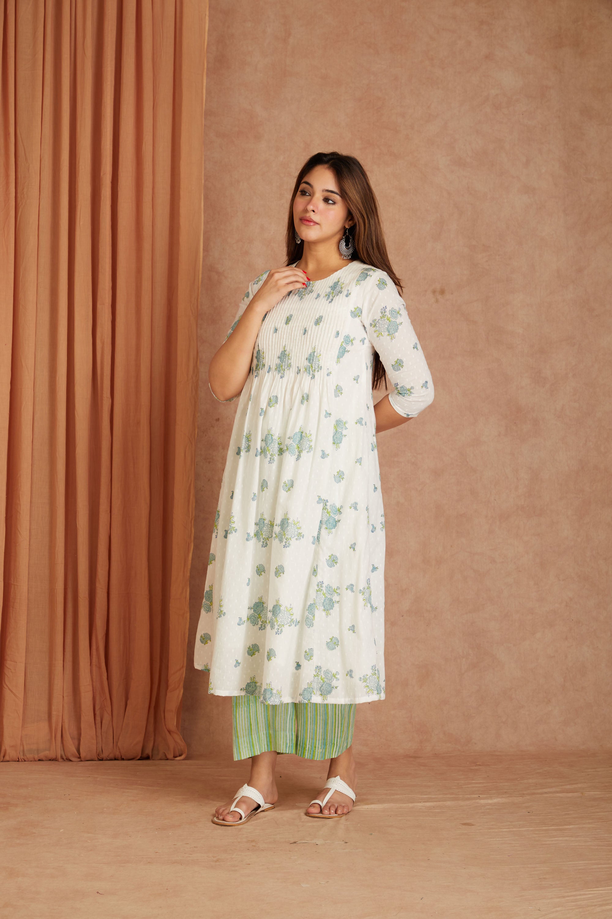 Blue Blossom White Hand Block Printed Cotton Dobby Kurta Palazzo Set with Kota Doriya Dupatta