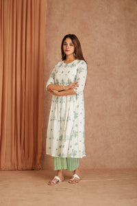 Blue Blossom White Hand Block Printed Cotton Dobby Kurta Palazzo Set with Kota Doriya Dupatta